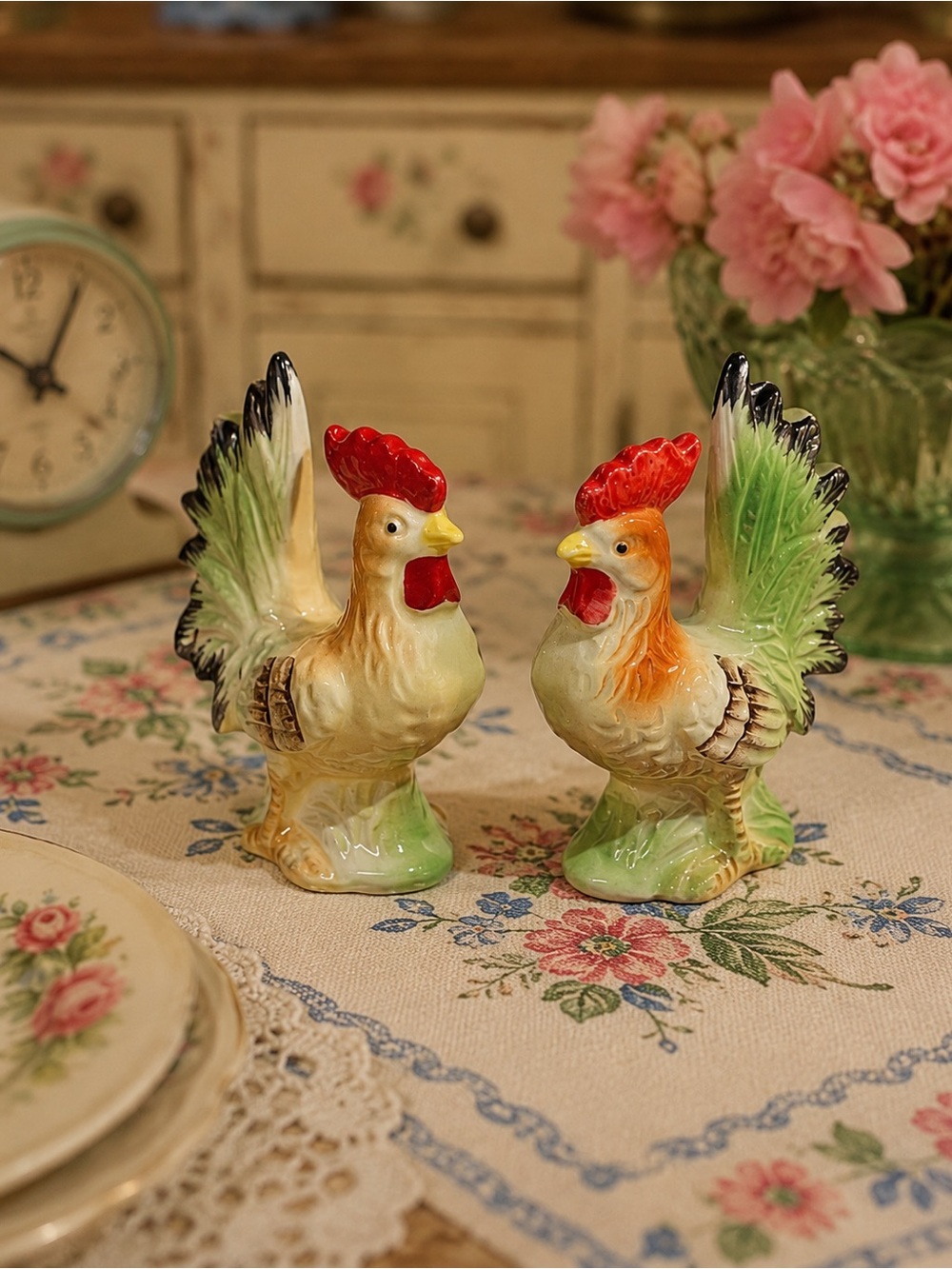 Vintage 50s 60s Japan Ceramic Rooster Salt & Pepper Shakers Colorful